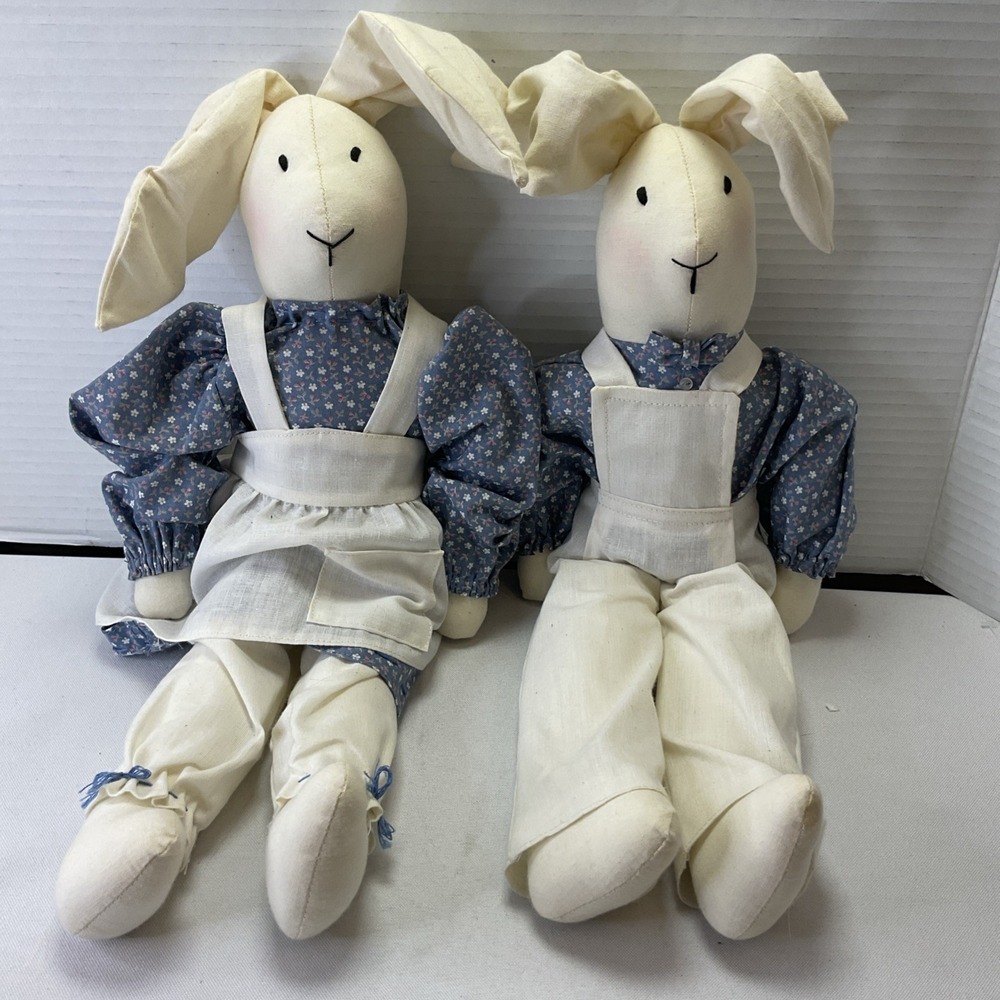 Handmade Muslin Stuffed Amish Farm House Decor 15" Bunny Rabbit Dolls Boy & Girl